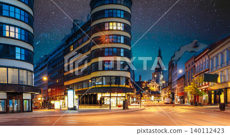 Jernbanetorget traffic trails at dusk in Oslo 140112423