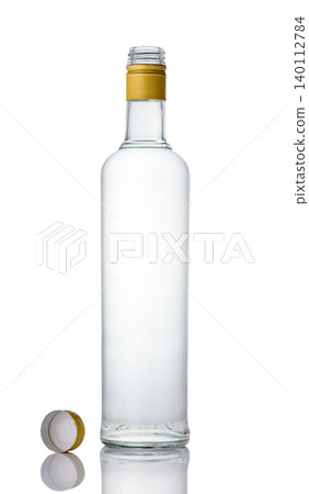 Vodka Bottle Without Label and Cap Removed on White Background Vodka Bottle Without Label and Cap Removed on White Background 140112784