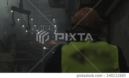 Safetyconscious Personnel In Reflective Clothing Surveys Heated Forge Environment With Precision And Caution . Stock clip 140112885