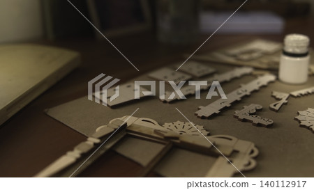 Crafting Pieces Prepared For Fine Detailing. Workspace Set With Tools And Materials For Project. Media Crafting Pieces Prepared For Fine Detailing. Workspace Set With Tools And Materials For Project. Media 140112917
