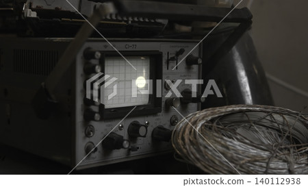 Laboratory Setup With Glowing Signal Trace. Close View Of Testing Instruments With Copper Spool Detail . Media Laboratory Setup With Glowing Signal Trace. Close View Of Testing Instruments With Copper Spool Detail . Media 140112938