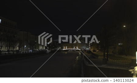 Illuminated River During Winter Night. Quiet Winter River Scene With Bright Ornaments And Distant Bridges. Media Illuminated River During Winter Night. Quiet Winter River Scene With Bright Ornaments And Distant Bridges. Media 140113024