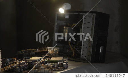 Workstation With Exposed Electronic Components. Open Computer Case Revealing Circuit Boards And Components. Media Workstation With Exposed Electronic Components. Open Computer Case Revealing Circuit Boards And Components. Media 140113047