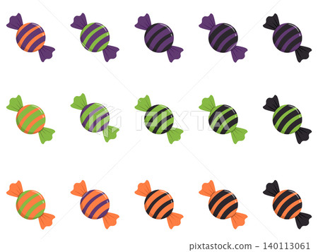 Halloween Candy Collection Set. Colorful Wrapped Sweet Confection Icons. Orange, Purple, Green and Black Festive Treat Assortment Isolated. Cute Seasonal Vector Illustration 140113061