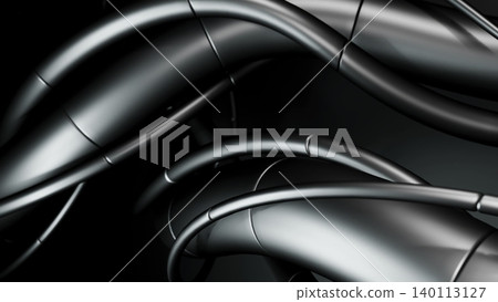 Shiny Metal Ribbons In Motion. Reflective Metallic Pipes Glide Across Set With Luminous Studio Lighting Shiny Metal Ribbons In Motion. Reflective Metallic Pipes Glide Across Set With Luminous Studio Lighting 140113127