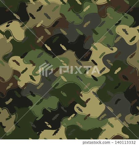 Seamless khaki green camouflage pattern with scattered oval speckles, spots. Overlapping irregular patches on background. Grunge contour of figures. For clothing, fabrics, textiles, sporting goods Seamless khaki green camouflage pattern with scattered oval speckles, spots. Overlapping irregular patches on background. Grunge contour of figures. For clothing, fabrics, textiles, sporting goods 140113332