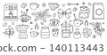 Coffee doodle line set with cozy cafe elements and cute beverage icons. Vector collection featuring brewing accessories, takeaway cups, coffee beans, desserts and decorative details 140113443