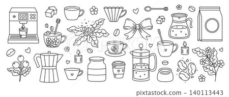 Coffee doodle line set with cozy cafe elements and cute beverage icons. Vector collection featuring brewing accessories, takeaway cups, coffee beans, desserts and decorative details Coffee doodle line set with cozy cafe elements and cute beverage icons. Vector collection featuring brewing accessories, takeaway cups, coffee beans, desserts and decorative details 140113443