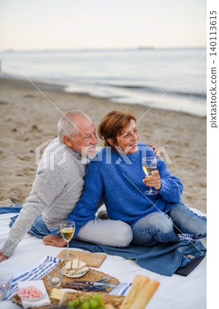 Senior couple in love having romantic picnic on beach by sea. Senior couple in love having romantic picnic on beach by sea. 140113615