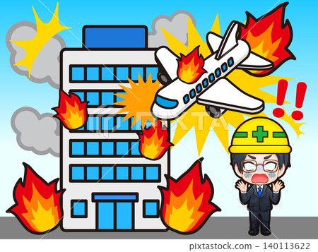 Illustration of office workers surprised by a plane crash Illustration of office workers surprised by a plane crash 140113622