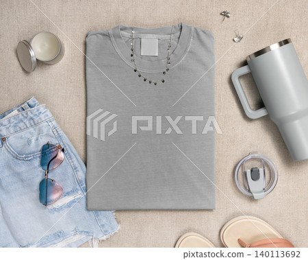 Blank grey women t-shirt mockup with summer accessories, unisex template for print on demand 140113692