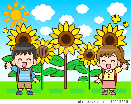 Summer sunflower field and children illustration material 2 Summer sunflower field and children illustration material 2 140113826
