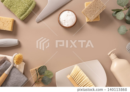 Eco cleaning supplies frame on beige background with copy space Eco cleaning supplies frame on beige background with copy space 140113868
