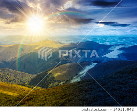 epic mountain landscape in summer. day meet night. travel ukraine background. sun and moon over rolling hill in dappled light. scenic view of borzhava ridge. carpathian mountain scenery epic mountain landscape in summer. day meet night. travel ukraine background. sun and moon over rolling hill in dappled light. scenic view of borzhava ridge. carpathian mountain scenery 140113948