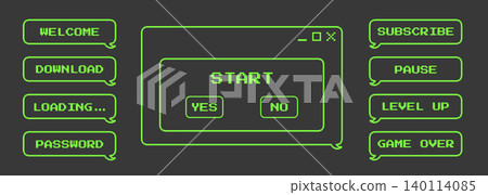 Retro y2k collection with pixelated frame. 8 bit acid green game style message box or chat balloon. Vector set on black Retro y2k collection with pixelated frame. 8 bit acid green game style message box or chat balloon. Vector set on black 140114085