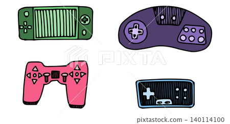 A selection of joysticks, doodle-drawn, brightly A selection of joysticks, doodle-drawn, brightly 140114100
