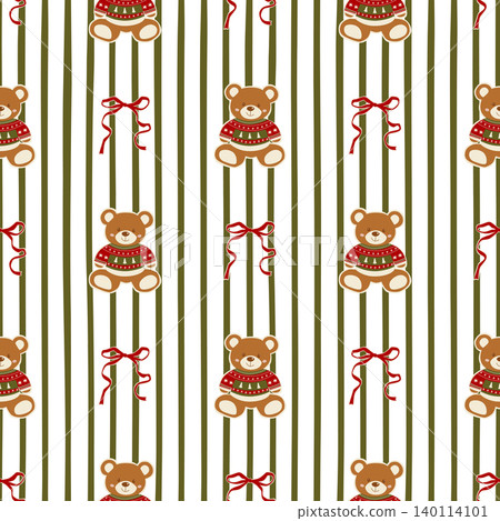Striped retro Christmas bear wearing sweater, red bows seamless pattern. Vector cozy winter holiday background, wallpaper. Striped retro Christmas bear wearing sweater, red bows seamless pattern. Vector cozy winter holiday background, wallpaper. 140114101