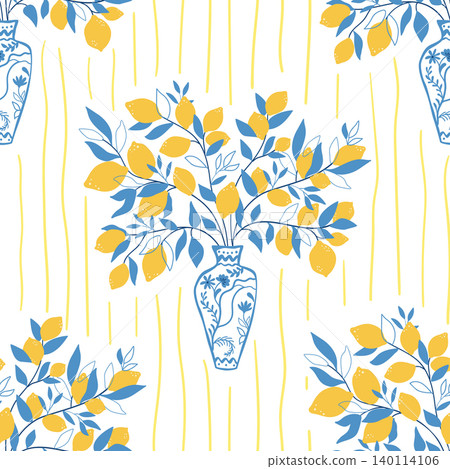 Italian summer seamless pattern. La Dolce Vita lemons bouquet on yellow striped background. Vector Mediterranean vibes Italian summer seamless pattern. La Dolce Vita lemons bouquet on yellow striped background. Vector Mediterranean vibes 140114106