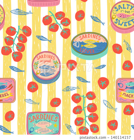 Canned sardines, tomatoes yellow striped seamless pattern. Portuguese summer fish tins nautical wallpaper, textile design. Canned sardines, tomatoes yellow striped seamless pattern. Portuguese summer fish tins nautical wallpaper, textile design. 140114157
