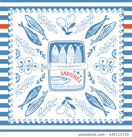 Blue Portuguese sardines tile, scarf, square seamless pattern with sea fish, stripes. Vector coastal wallpaper. Blue Portuguese sardines tile, scarf, square seamless pattern with sea fish, stripes. Vector coastal wallpaper. 140114158