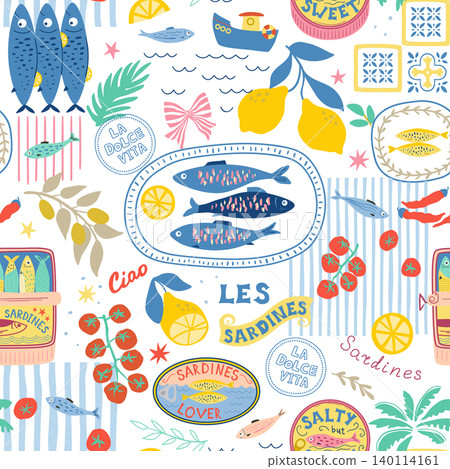 La dolce vita seamless pattern decorated canned sardines, tomatoes, lemons stripes. Vector summer design La dolce vita seamless pattern decorated canned sardines, tomatoes, lemons stripes. Vector summer design 140114161