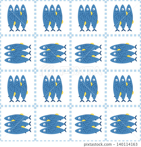Checkered sardines seamless pattern. Summer sea fish vector wallpaper, blue nautical background 140114163