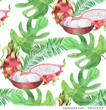 Seamless pattern of the pitahaya, bowl, palm and monstera leaves. Watercolor illustration. Handmade art work. For packaging design, cards, cover, prints, product labels and fabric Seamless pattern of the pitahaya, bowl, palm and monstera leaves. Watercolor illustration. Handmade art work. For packaging design, cards, cover, prints, product labels and fabric 140114319