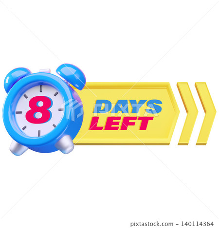 A red number 8 on a 3D blue alarm clock display and the text "days left" on a yellow arrow. A red number 8 on a 3D blue alarm clock display and the text "days left" on a yellow arrow. 140114364