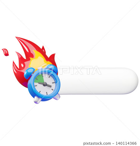 Burning alarm clock with white plate block place for text 3d cartoon plastic style vector icon, time management concept Burning alarm clock with white plate block place for text 3d cartoon plastic style vector icon, time management concept 140114366