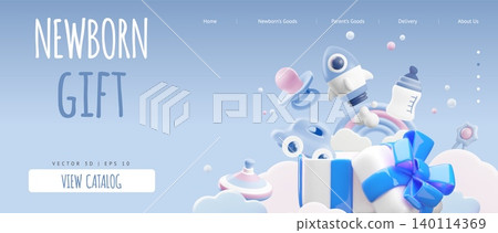 Newborn gift vector landing page shop advertising 3D design, Baby shower blue gift box with toys car, pacifier present Newborn gift vector landing page shop advertising 3D design, Baby shower blue gift box with toys car, pacifier present 140114369
