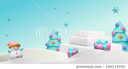 A 3D podium with a snowman, decorated Christmas trees, and gifts against a winter background. A 3D podium with a snowman, decorated Christmas trees, and gifts against a winter background. 140114395