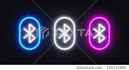 Neon Bluetooth symbols in blue, white, and pink glowing styles. Wireless connectivity icons for mobile devices, headphones, and smart technology interfaces. 140114460