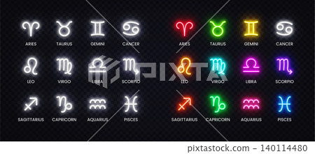 Neon zodiac symbols set with colorful glowing effect on dark backdrop. Astrology collection for horoscope design, celestial branding and mystical artwork. 140114480