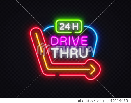 24H Drive Thru neon sign with glowing arrow and vibrant colors. Modern roadside symbol, takeaway window, diner branding and street food. 140114483
