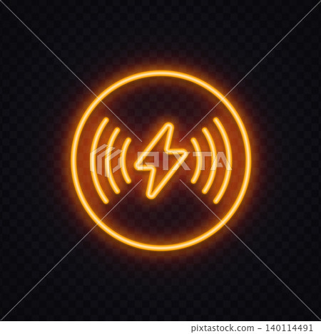 Neon wireless charging icon with electric glow and energy waves. Modern technology symbol for smartphone power, battery or mobile device. Neon wireless charging icon with electric glow and energy waves. Modern technology symbol for smartphone power, battery or mobile device. 140114491