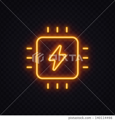 Neon processor icon with electric lightning and glowing cyber design. Futuristic technology symbol for hardware, power system or digital innovation. 140114498
