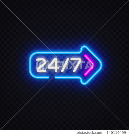 Neon 24 7 arrow icon with futuristic glow on dark background. Bright symbol for nonstop delivery, online support or digital service. Neon 24 7 arrow icon with futuristic glow on dark background. Bright symbol for nonstop delivery, online support or digital service. 140114499