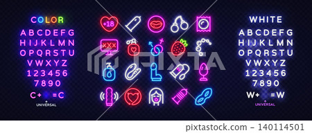 Neon alphabet and adult themed icons glowing on a dark background. Bright vector set with colorful letters, numbers and playful symbols inspired by nightlife aesthetics. Neon alphabet and adult themed icons glowing on a dark background. Bright vector set with colorful letters, numbers and playful symbols inspired by nightlife aesthetics. 140114501