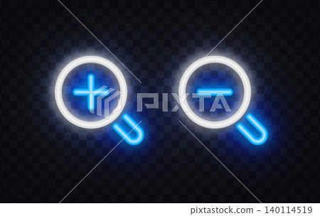 Neon magnifying glass icons with plus and minus signs. Search, zoom in, and zoom out symbols for web browsing and interface controls. 140114519