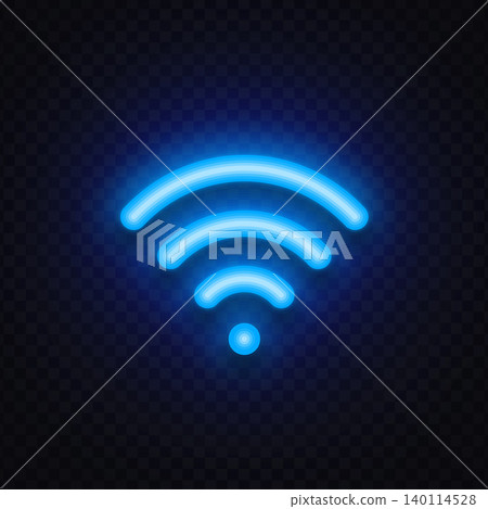 Blue neon WiFi symbol glowing on transparent background. Wireless internet connection icon for network, hotspot, and online communication. Blue neon WiFi symbol glowing on transparent background. Wireless internet connection icon for network, hotspot, and online communication. 140114528