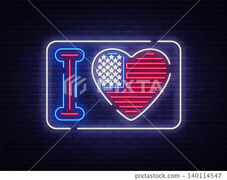 I love the USA slogan neon sign. Night bright signboard I love the USA. USA flag vector, neon symbol, light icon. Vector illustration I love the USA slogan neon sign. Night bright signboard I love the USA. USA flag vector, neon symbol, light icon. Vector illustration 140114547