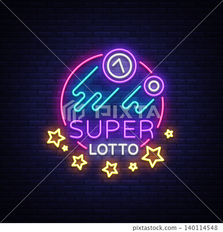 Super loto neon sign. Bingo lotto logo in a neon style, bright symbol, lototron, neon banner, bright night advertising for your projects. Vector Illustrations Super loto neon sign. Bingo lotto logo in a neon style, bright symbol, lototron, neon banner, bright night advertising for your projects. Vector Illustrations 140114548
