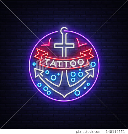 Tattoo salon logo in a neon style. Neon sign, emblem, anchor symbol with a ribbon, luminous billboard, neon advertising on a tattoo theme, for tattoo salon, studio. Vector illustration Tattoo salon logo in a neon style. Neon sign, emblem, anchor symbol with a ribbon, luminous billboard, neon advertising on a tattoo theme, for tattoo salon, studio. Vector illustration 140114551