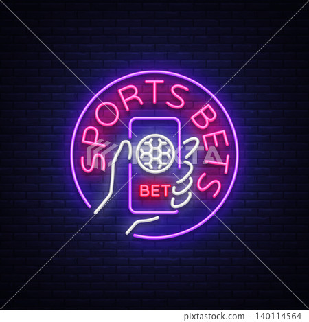 Sports betting is a neon sign. Design template, Neon style logo, bright banner, night advertising for your projects, smartphone in your hand, online betting on football. Vector illustration Sports betting is a neon sign. Design template, Neon style logo, bright banner, night advertising for your projects, smartphone in your hand, online betting on football. Vector illustration 140114564