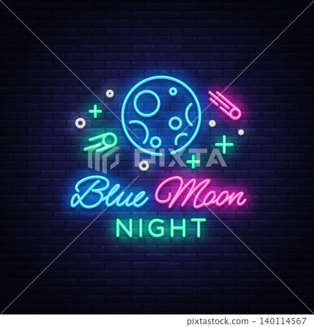 Blue Moon Night Club Logo in Neon Style. Neon Sign, Light Banner, Night Bright Night Club Advertising. Disco. Design template for invitation party. Vector illustration Blue Moon Night Club Logo in Neon Style. Neon Sign, Light Banner, Night Bright Night Club Advertising. Disco. Design template for invitation party. Vector illustration 140114567