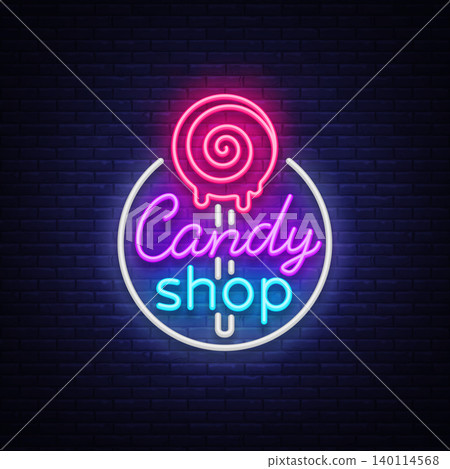 Candy shop logo in neon style. Store sweets neon sign, banner light, bright neon night sweets advertising. Design template for your projects. Vector illustration Candy shop logo in neon style. Store sweets neon sign, banner light, bright neon night sweets advertising. Design template for your projects. Vector illustration 140114568