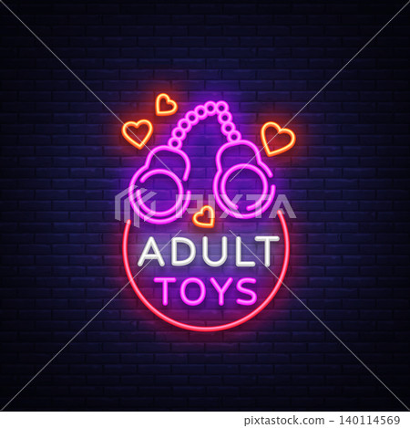 Adult toys logo in neon style. Design template, sex shop neon signs, light banner on the theme of the sex industry, vivid neon ad for your projects. Vector illustration Adult toys logo in neon style. Design template, sex shop neon signs, light banner on the theme of the sex industry, vivid neon ad for your projects. Vector illustration 140114569