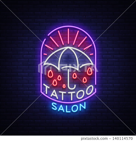 Tattoo salon logo in a neon style. Neon sign, emblem, umbrella symbol, light billboards, night shining banner, neon bright advertising on a tattoo theme, for tattoo salon, studio. Vector illustration Tattoo salon logo in a neon style. Neon sign, emblem, umbrella symbol, light billboards, night shining banner, neon bright advertising on a tattoo theme, for tattoo salon, studio. Vector illustration 140114570