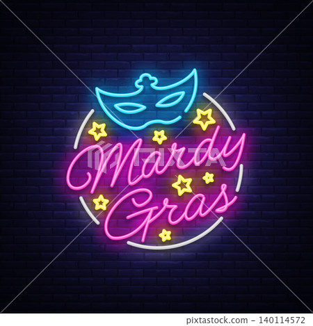 Mardi Gras design template for greeting cards, flyers, greeting. Fat Tuesday is a festive illustration in neon style, neon sign, holiday symbol, bright luminous banner, neon billboard. Vector Mardi Gras design template for greeting cards, flyers, greeting. Fat Tuesday is a festive illustration in neon style, neon sign, holiday symbol, bright luminous banner, neon billboard. Vector 140114572