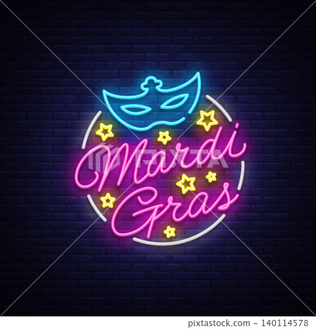 Mardi Gras design template for greeting cards, flyers, greeting. Fat Tuesday is a festive illustration in neon style, neon sign, holiday symbol, bright luminous banner, neon billboard. Vector Mardi Gras design template for greeting cards, flyers, greeting. Fat Tuesday is a festive illustration in neon style, neon sign, holiday symbol, bright luminous banner, neon billboard. Vector 140114578